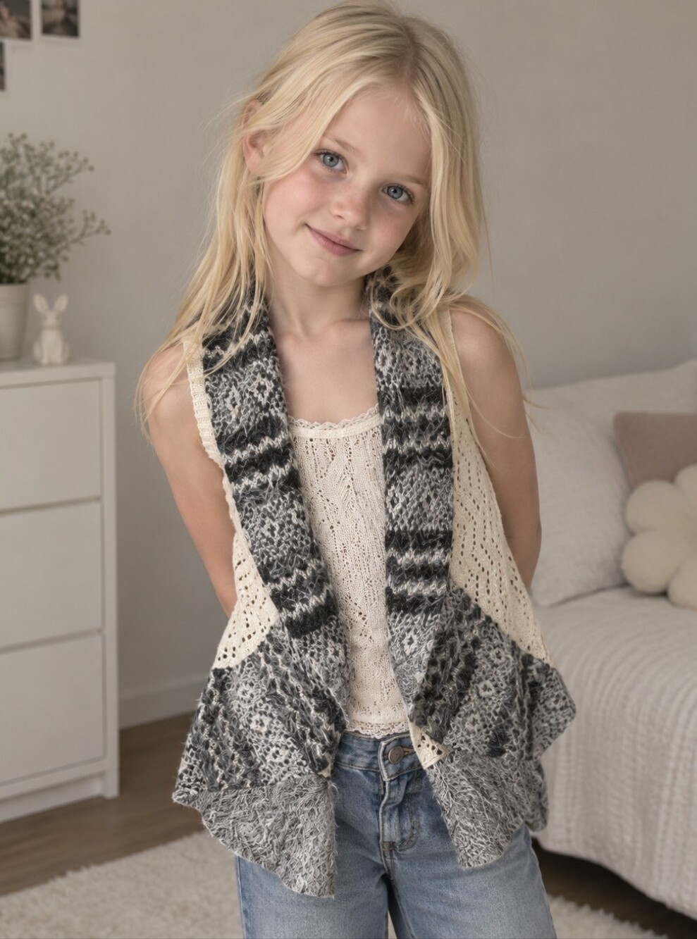 Max Studio Girls Boho Crochet Open-Front Vest - Cream & Gray - Size S (7-8)